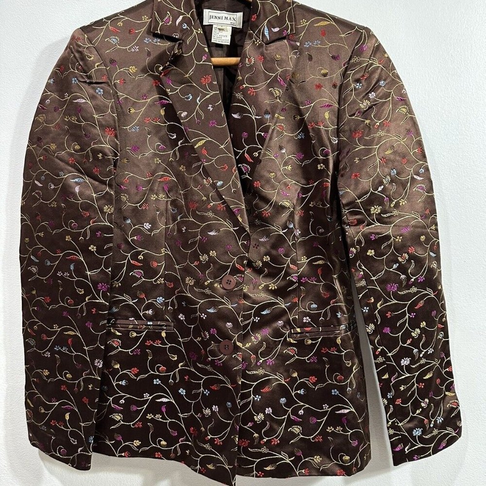 Vintage Jenni Max Womens  Brown Floral Embroidered Asian Inspired Lined Jacket 6